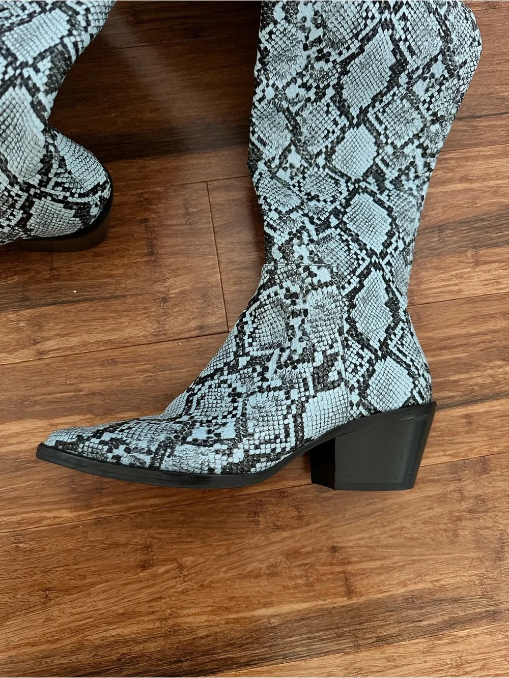 Gianni Bini Blue and Black Snake-Print Ankle Boots